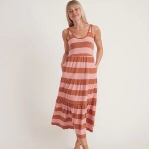 Marine Layer Emma Tiered Scoop Neck Cotton Maxi Dresses Rosette Sierra Stripe